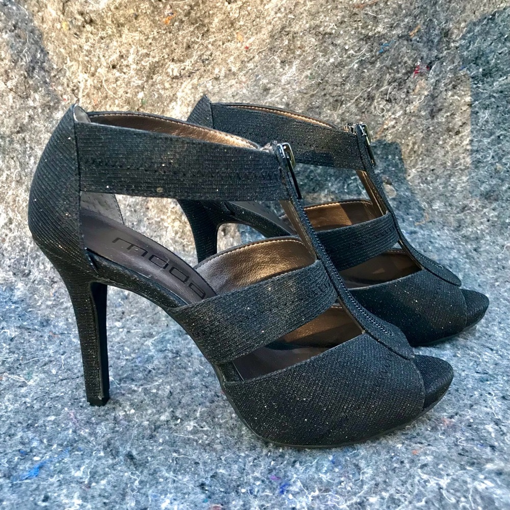 Moda Spana Black Strappy Peep-Toe High Heels Stilettos Sparkly Front Zipper